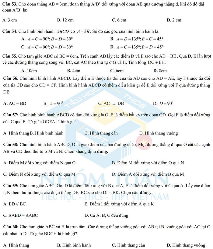 De cuong on tap giua ki 1 lop 8 mon Toan 2021 - THCS Cau Giay