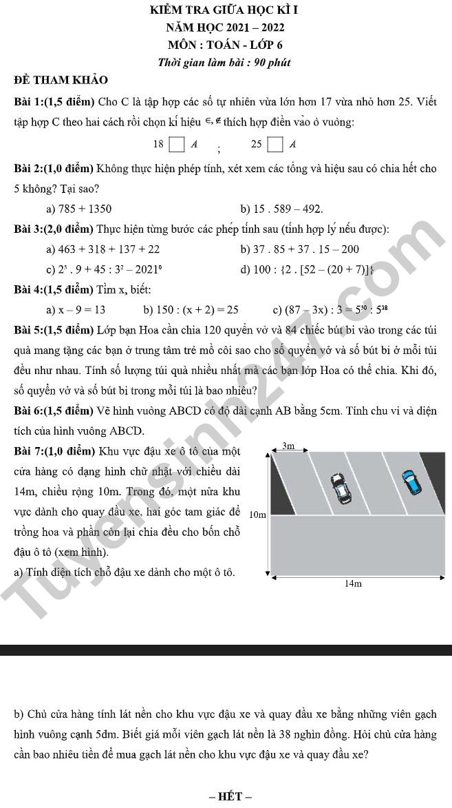 De thi giua ki 1 mon Toan lop 6 - THCS Long Toan 2021 (De tham khao)