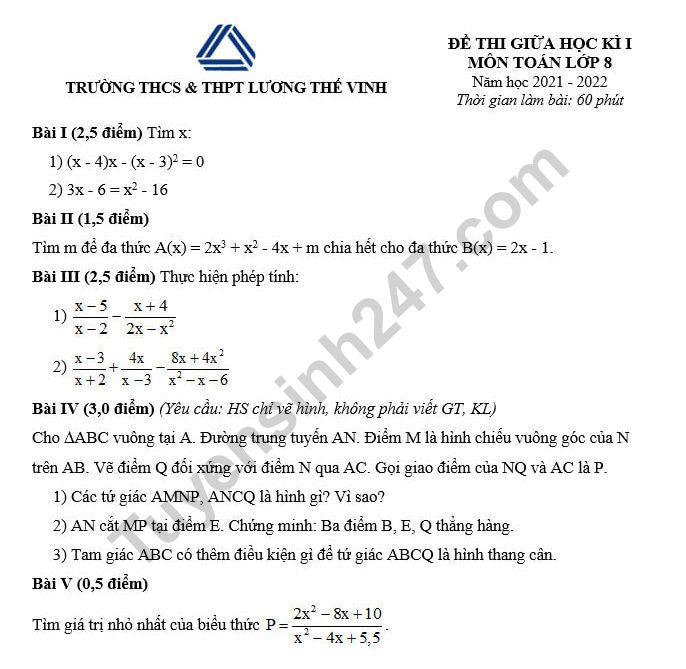 De thi giua ki 1 lop 8 mon Toan 2021 - THCS THPT Luong The Vinh