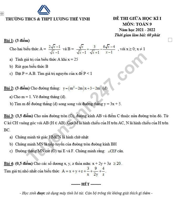 De thi giua ki 1 mon Toan lop 9 - THCS THPT Luong The Vinh 2021