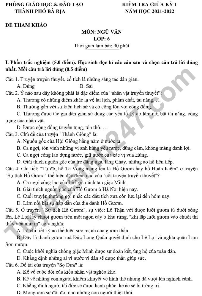De thi giua ki 1 nam 2021 TP Ba Ria - lop 6 mon Van (De tham khao)