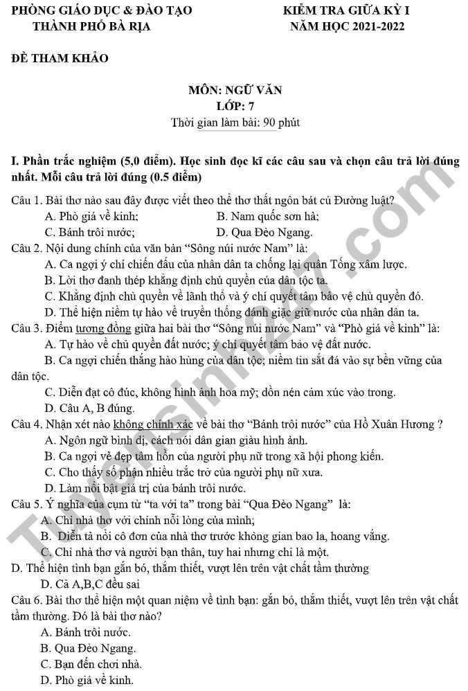 De tham khao thi giua ki 1 mon Van lop 7 - TP Ba Ria 2021