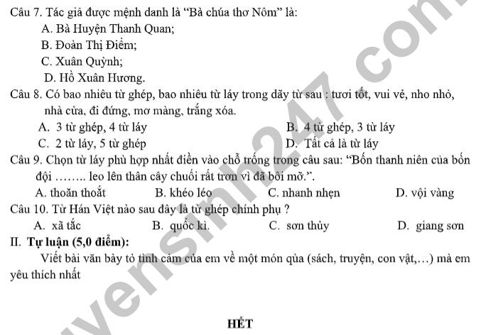 De tham khao thi giua ki 1 mon Van lop 7 - TP Ba Ria 2021
