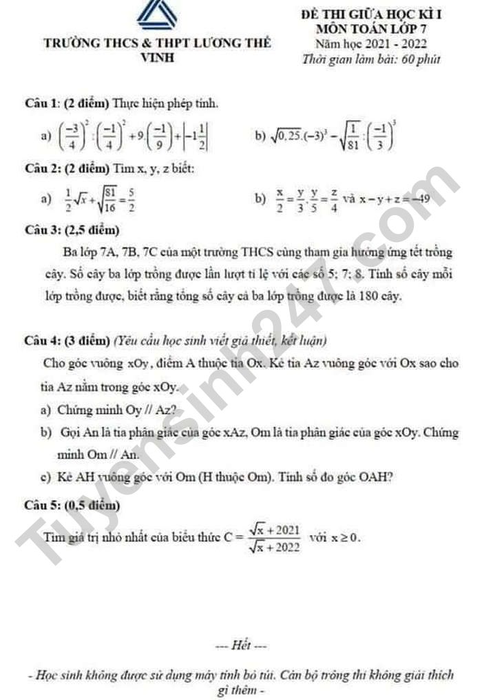 De thi giua ki 1 nam 2021 THCS&THPT Luong The Vinh - mon Toan lop 7