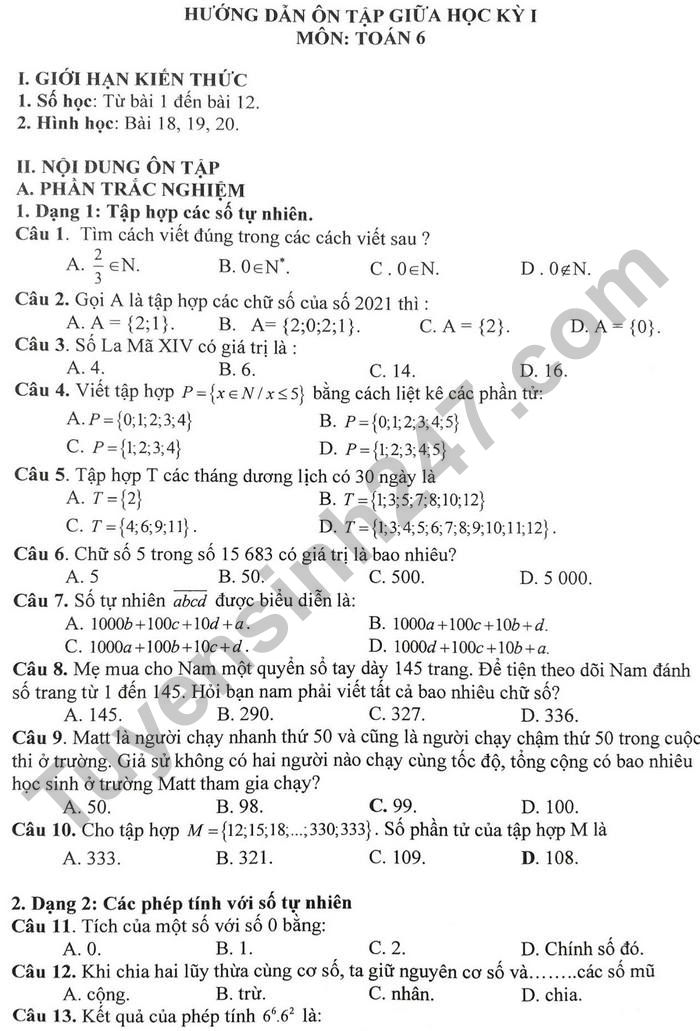 De cuong giua ki 1 Toan 6 nam 2021 - THCS Tran Duy Hung