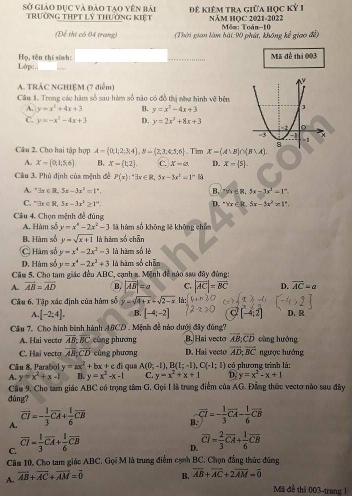 De thi giua ki 1 Toan lop 10 nam 2021 - THPT Ly Thuong Kiet