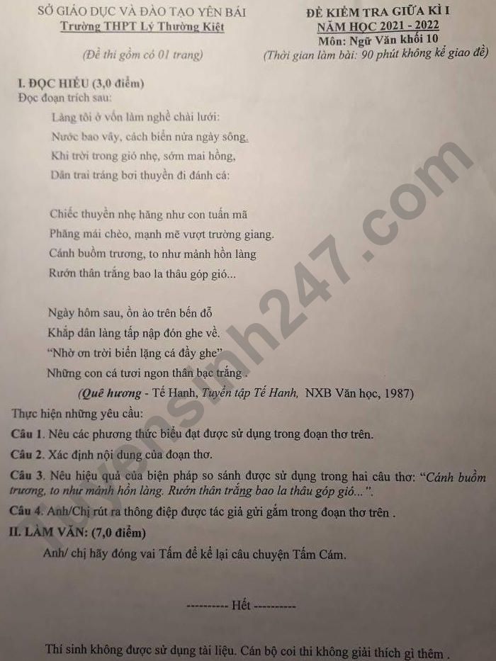 De thi giua ki 1 Van lop 10 nam 2021 THPT Ly Thuong Kiet