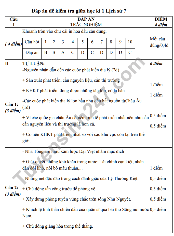 De thi giua ki 1 mon Su lop 7 - THCS Hoa Chinh 2021