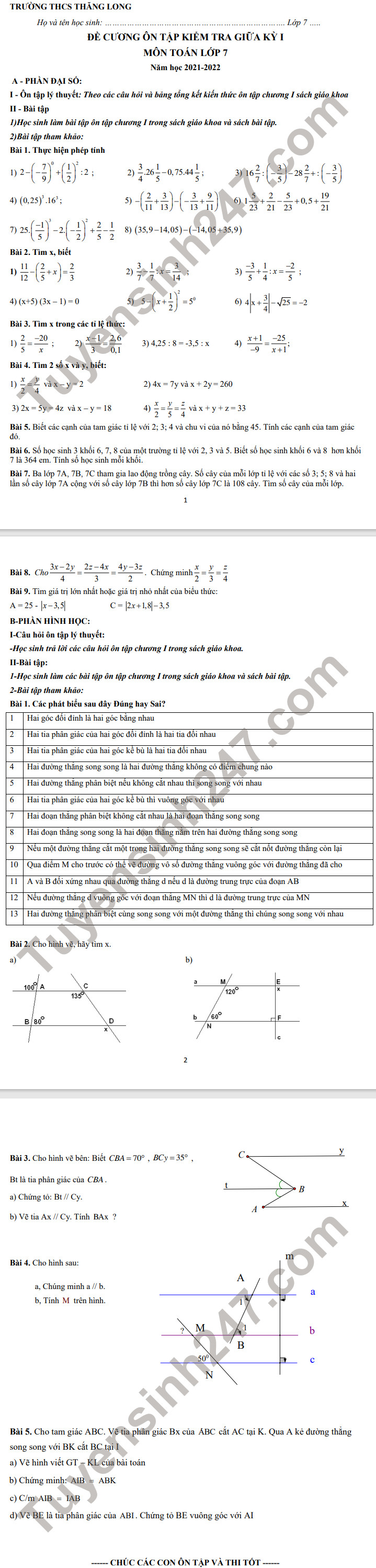 De cuong mon Toan lop 7 giua ki 1 nam 2021 THCS Thang Long