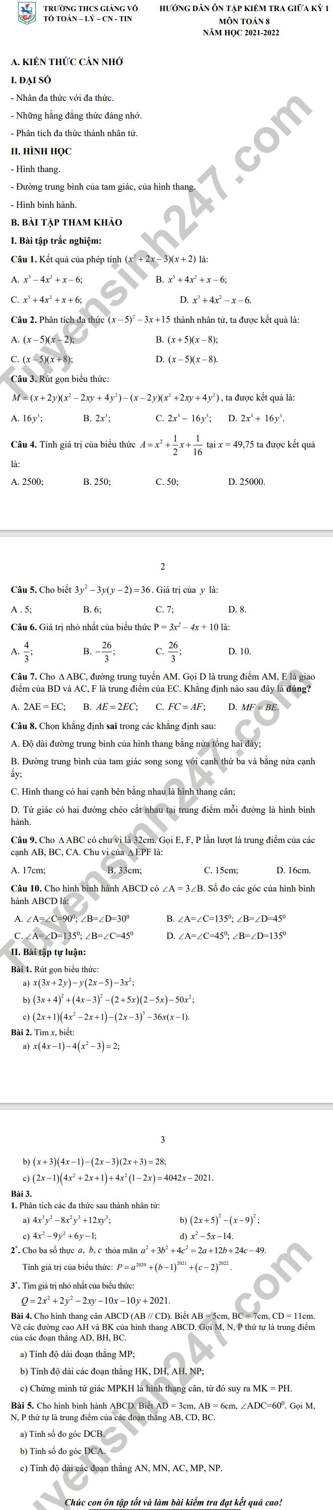 De cuong mon Toan lop 8 thi giua ki 1 - THCS Giang Vo 2021