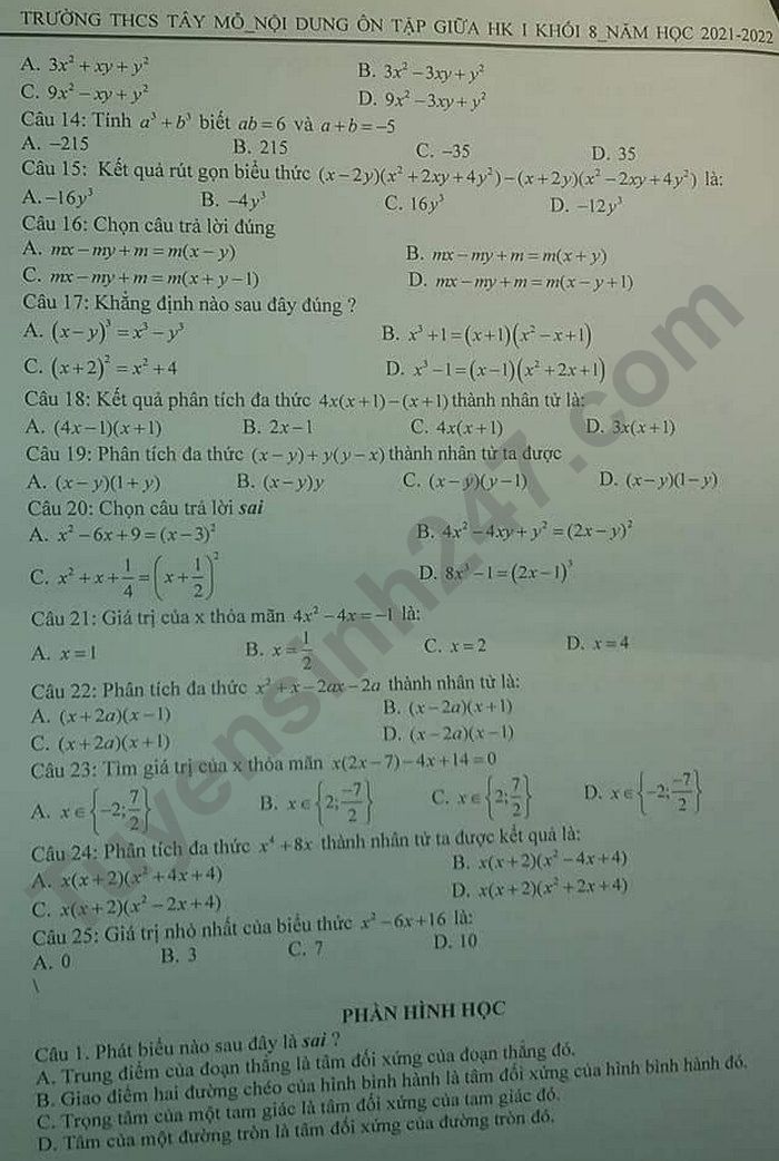Noi dung on tap giua ki 1 lop 8 mon Toan 2021 - THCS Tay Mo