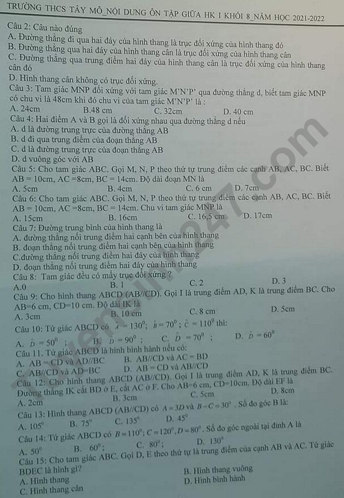 Noi dung on tap giua ki 1 lop 8 mon Toan 2021 - THCS Tay Mo