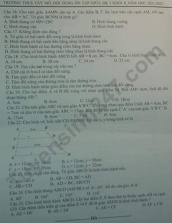Noi dung on tap giua ki 1 lop 8 mon Toan 2021 - THCS Tay Mo