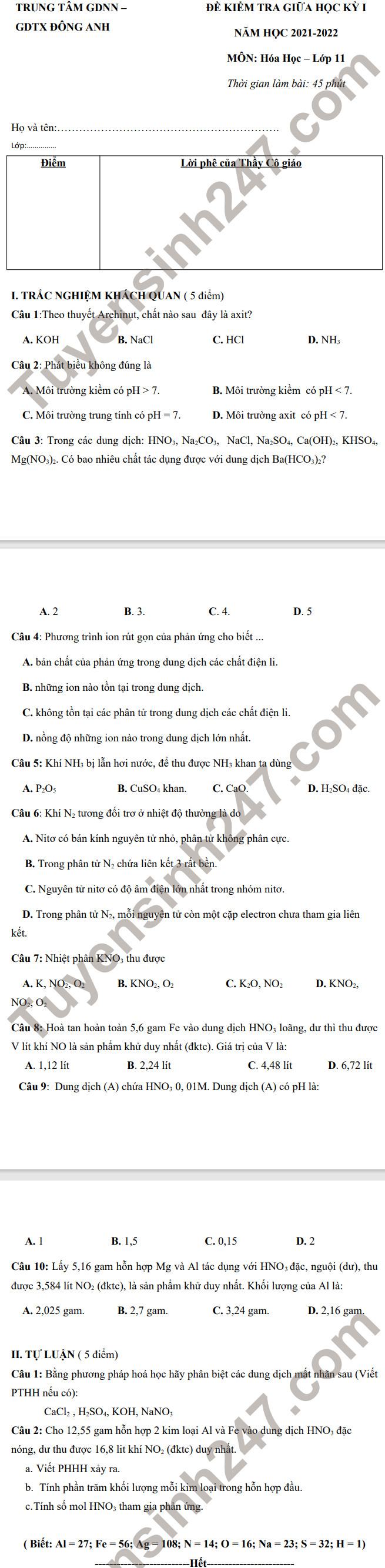 De thi giua ki 1 lop 11 mon Hoa - Dong Anh 2021