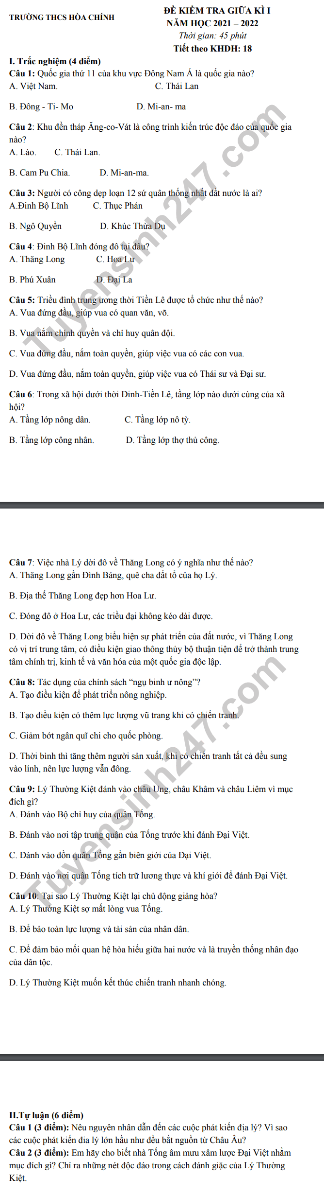 De thi giua ki 1 mon Su lop 7 - THCS Hoa Chinh 2021
