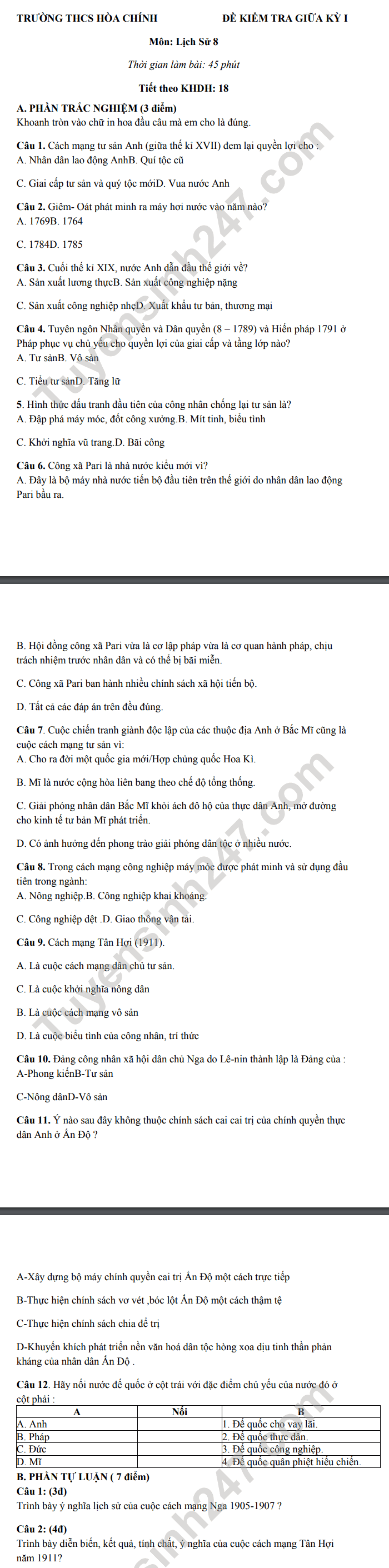 De kiem tra giua ki 1 lop 8 mon Su - THCS Hoa Chinh 2021