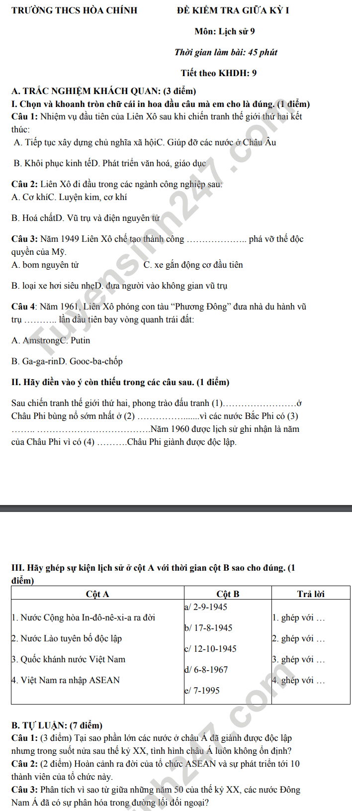 De thi giua ki 1 mon Su lop 9 nam 2021 - THCS Hoa Chinh