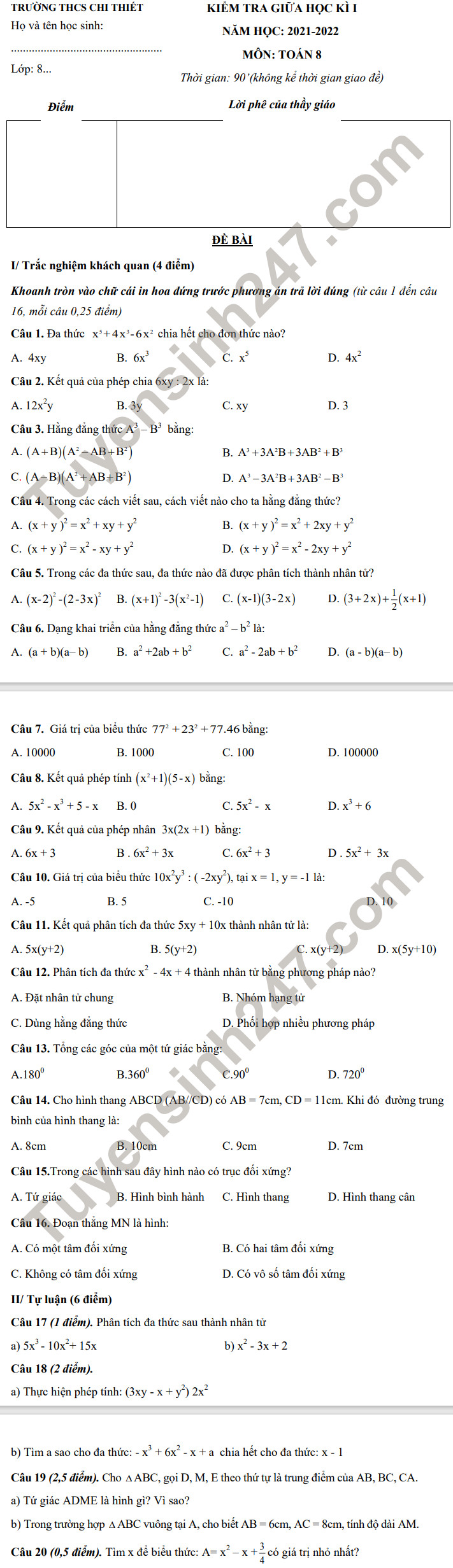 De thi giua ki 1 lop 8 mon Toan 2021 - THCS Chi Thiet