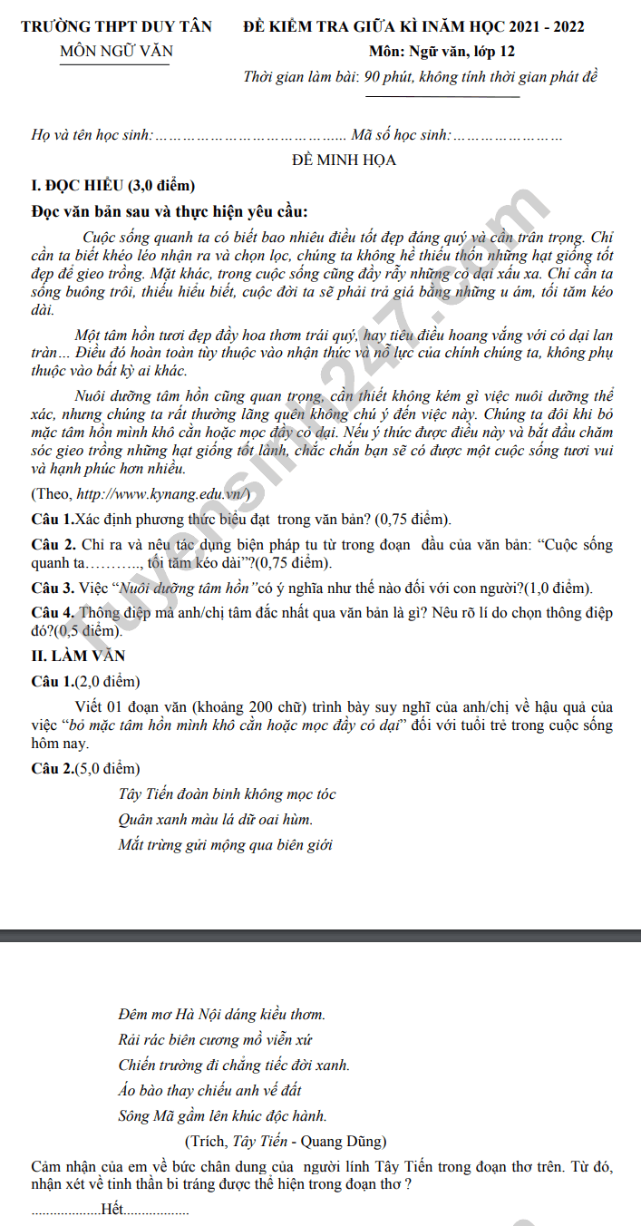 De thi giua ki 1 mon Van lop 12 - THPT Duy Tan 2021 (De mau)