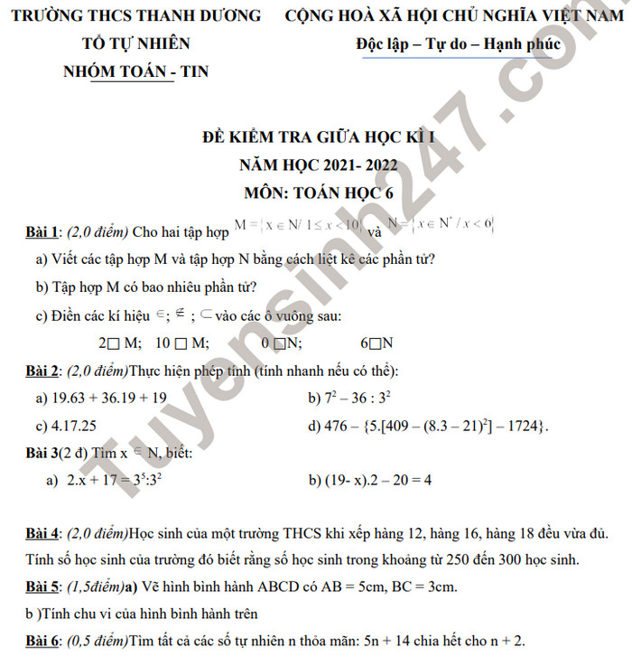 De thi giua ki 1 lop 6 mon Toan 2021 - THCS Thanh Duong