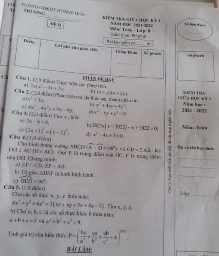 De thi mon Toan giua ki 1 nam 2021 - Phong GD Hoang Hoa lop 8
