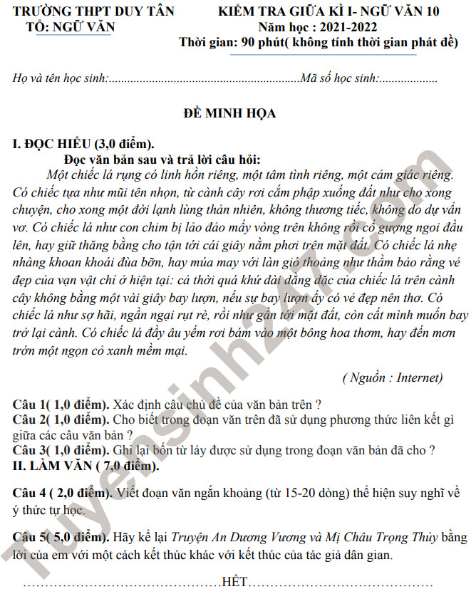 De thi giua ki 1 Van lop 10 - THPT Duy Tan 2021 (De minh hoa)