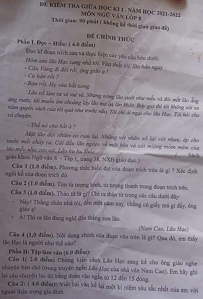 De thi giua ki 1 mon Van lop 8 nam hoc 2021 - 2022