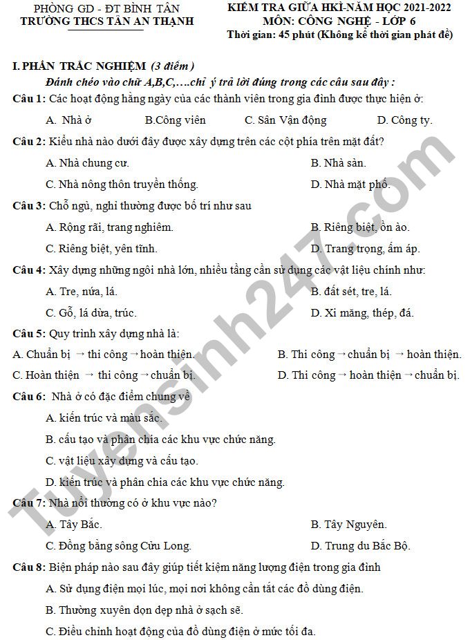 De thi giua hoc ki 1 Cong nghe lop 6 - THCS Tan An Thanh 2021