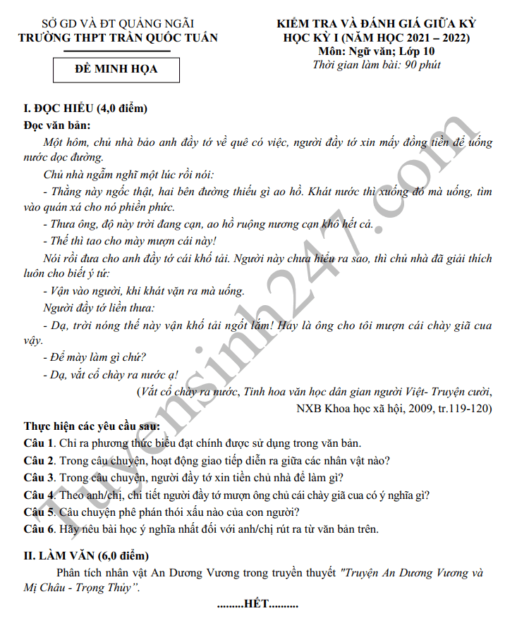 De thi giua ki 1 lop 10 mon Van 2021 - THPT Tran Quoc Tuan (Minh hoa)