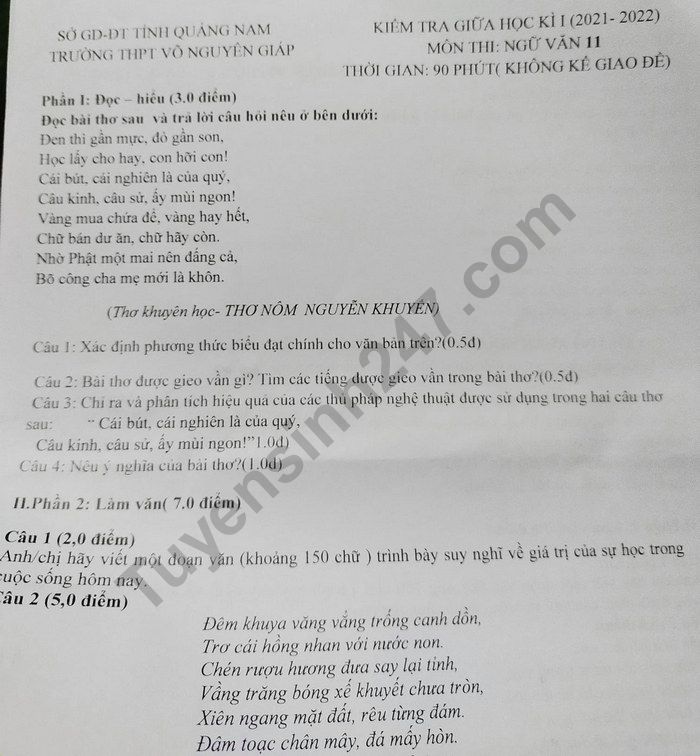 De thi giua ki 1 mon Van lop 11 - THPT Vo Nguyen Giap 2021