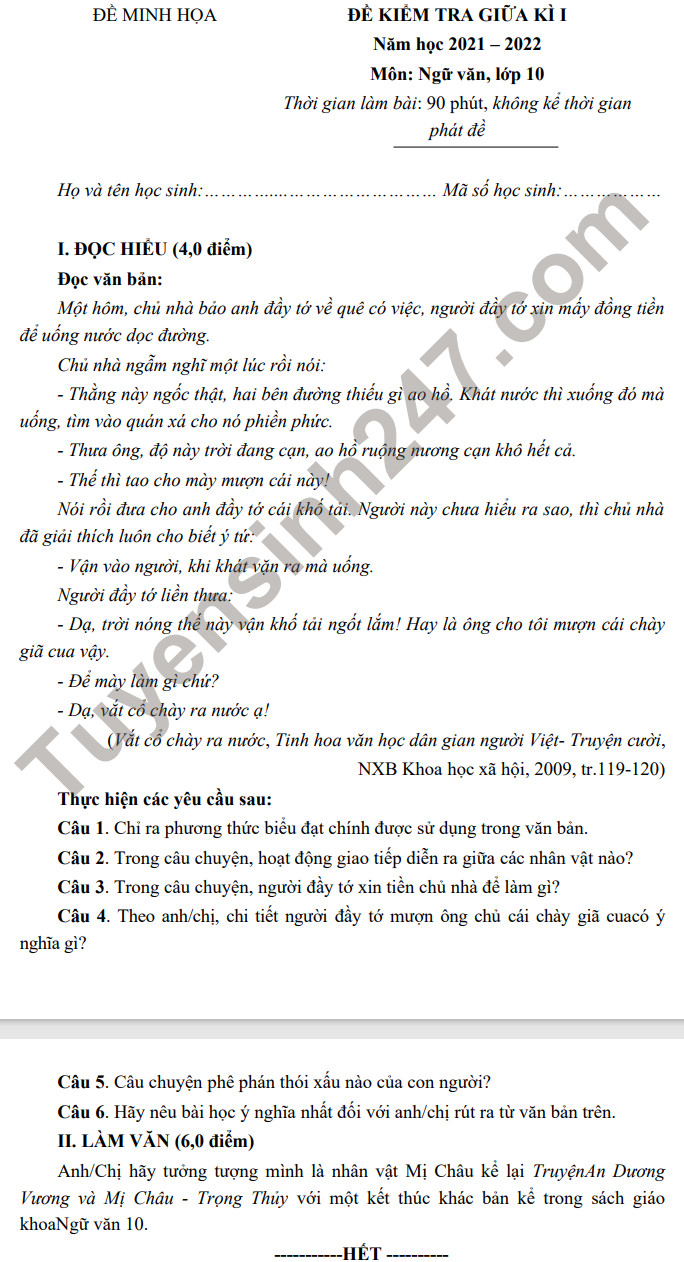 De thi giua ki 1 Van lop 10 - THPT Huong Hoa 2021 (Minh hoa)