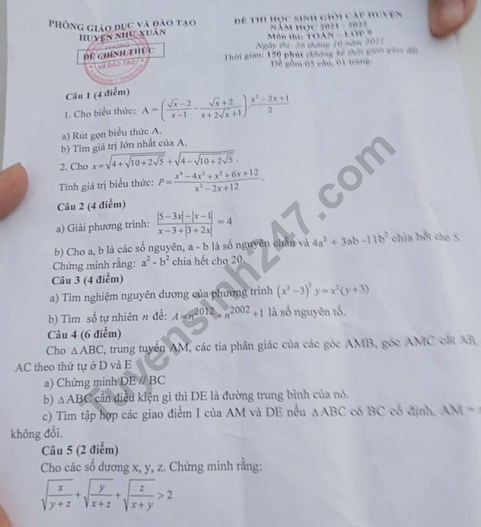 De thi HSG cap huyen mon Toan 2022 lop 9 - Huyen Nhu Xuan