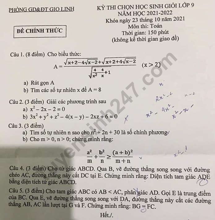 De thi chon HSG lop 9 mon Toan 2022 - Phong GD Gio Linh