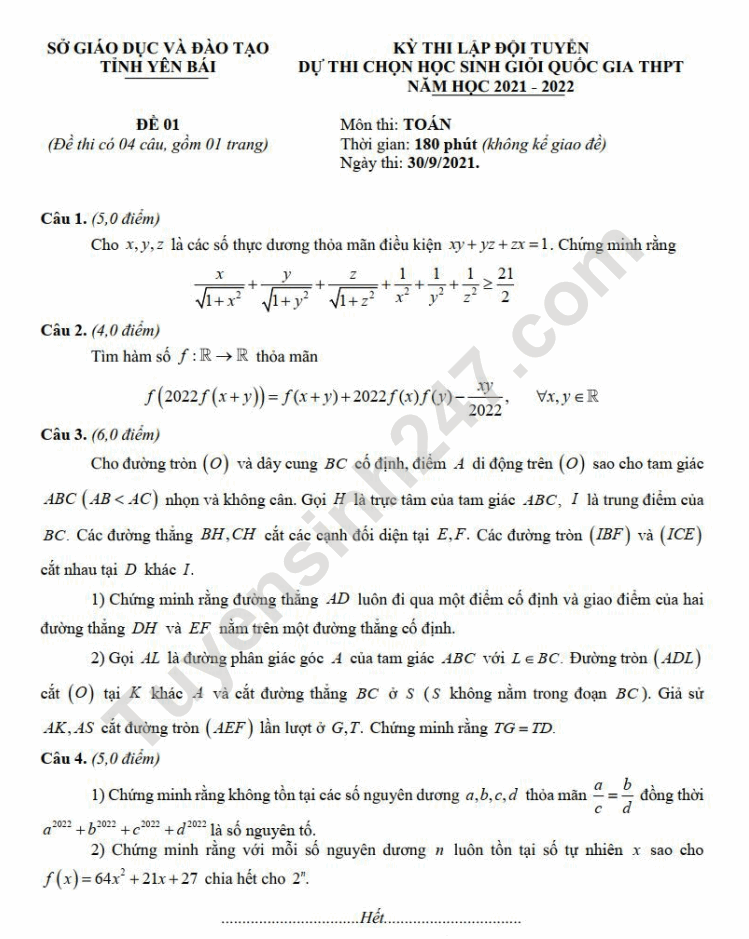 De thi chon HSG quoc gia THPT 2022 mon Toan - So GD Yen Bai