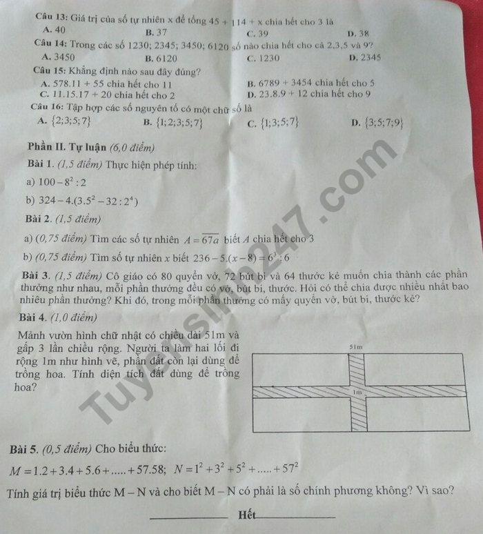 De thi giua ki 1 lop 6 mon Toan - Phong GD Truc Ninh 2021
