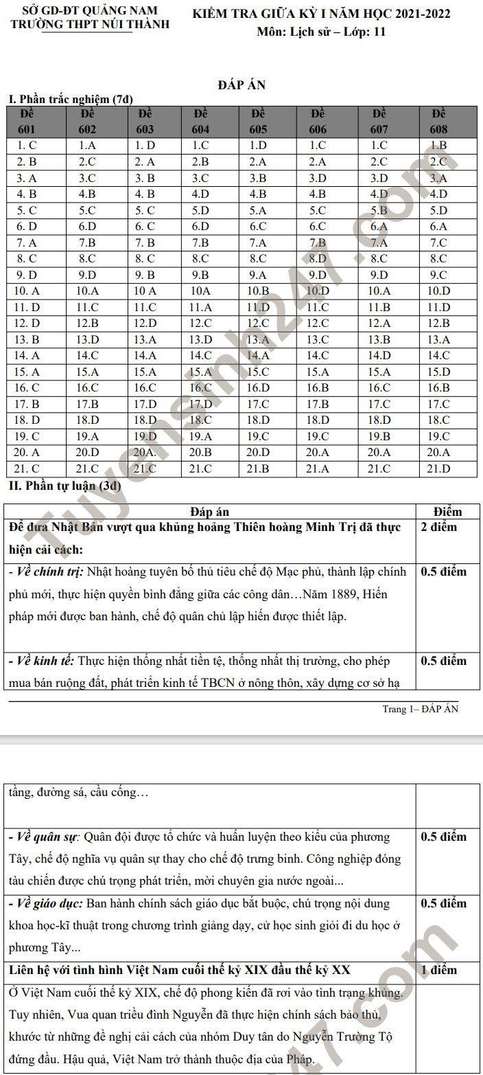 De thi giua ki 1 lop 11 mon Su 2021 - THPT Nui Thanh (co dap an)