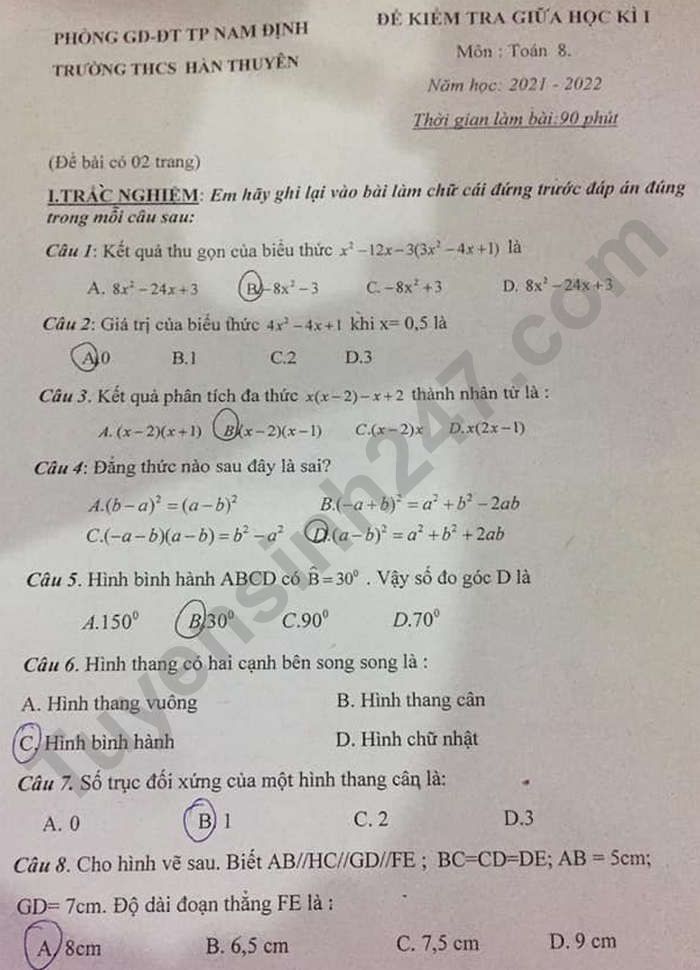 De thi giua ki 1 mon Toan 8 THCS Han Thuyen 2021