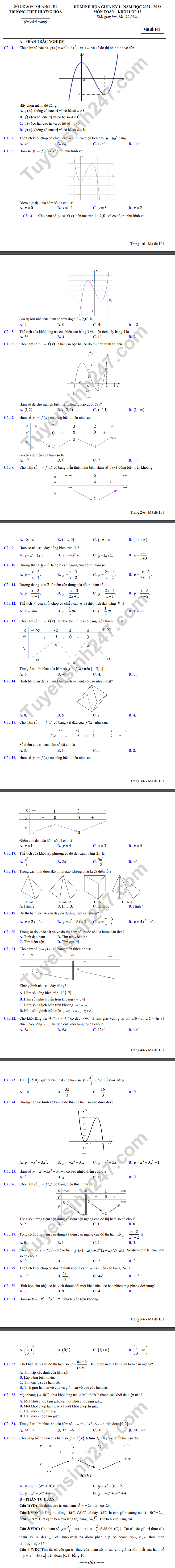 De giua ki 1 lop 12 mon Toan - THPT Huong Hoa 2021 (Minh hoa)