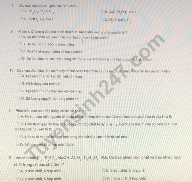 De thi giua ki 1 mon Hoa lop 8 - THCS Giang Vo 2021