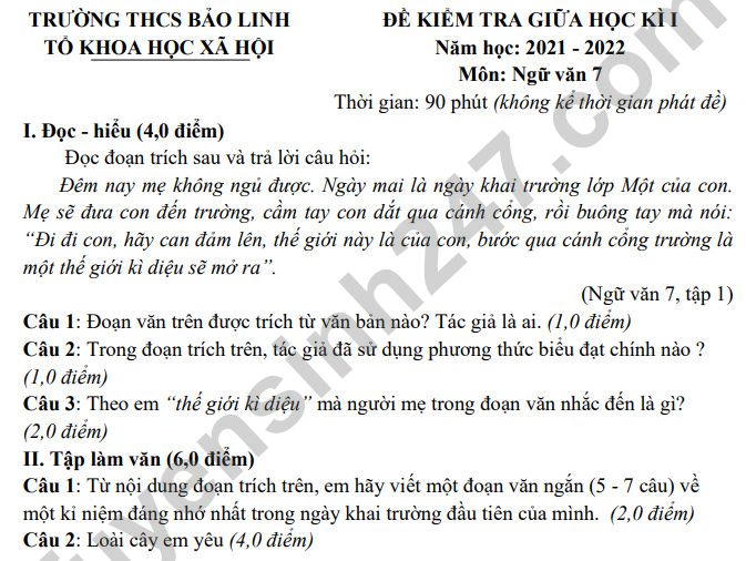 De kiem tra giua ki 1 lop 7 mon Van 2021 - THCS Bao Linh