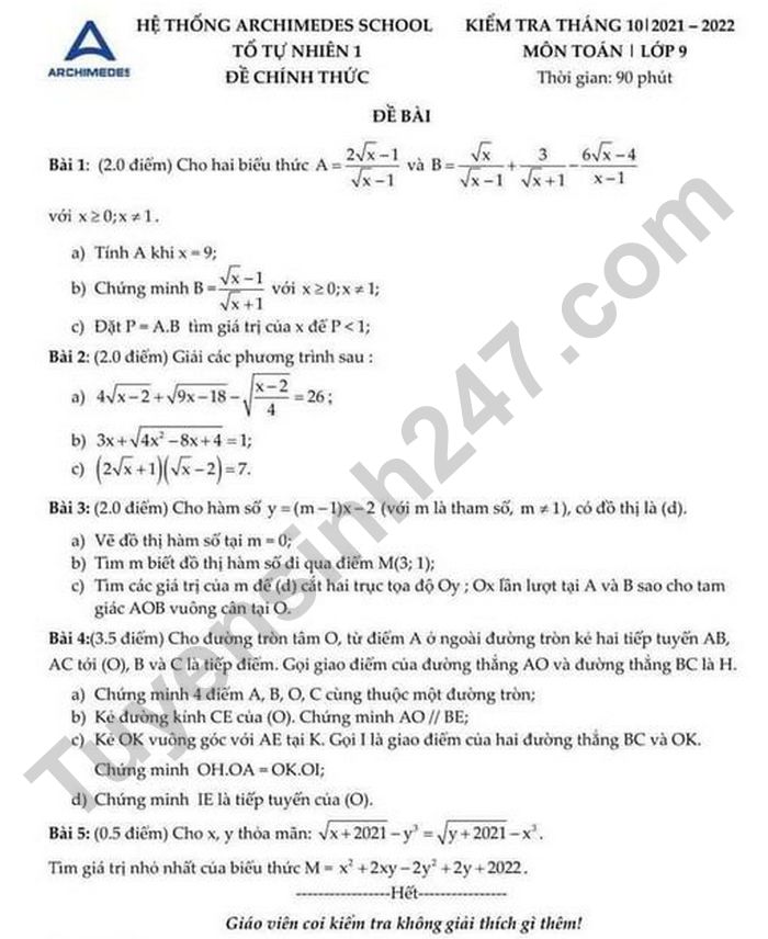 De kiem tra thang 10 lop 9 mon Toan - Archimedes School 2021