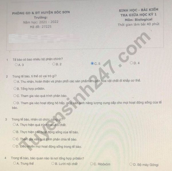 De kiem tra giua ki 1 mon Sinh lop 8 - Soc Son 2021