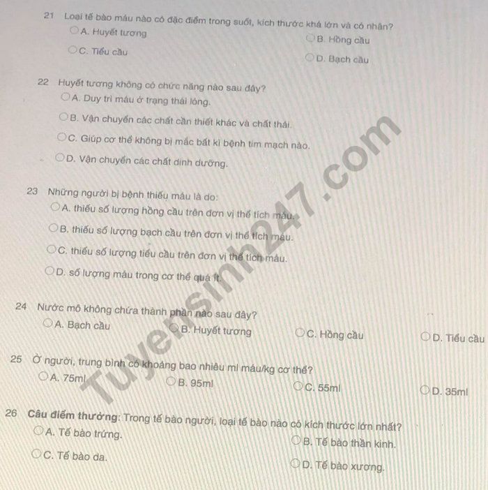 De kiem tra giua ki 1 mon Sinh lop 8 - Soc Son 2021