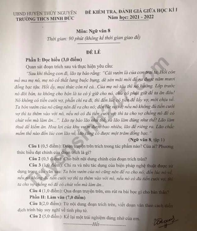 De thi giua ki 1 mon Van lop 8 - THCS Minh Duc 2021
