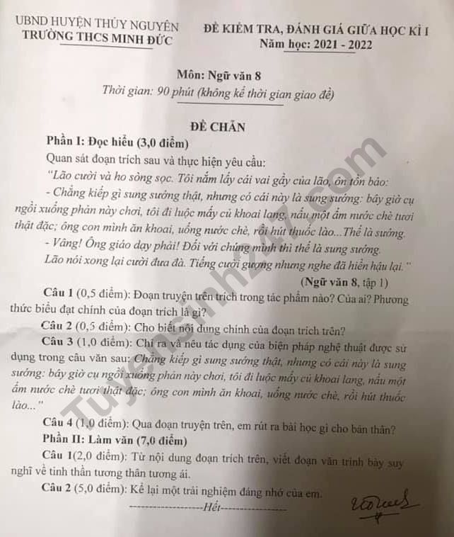 De thi giua ki 1 mon Van lop 8 - THCS Minh Duc 2021