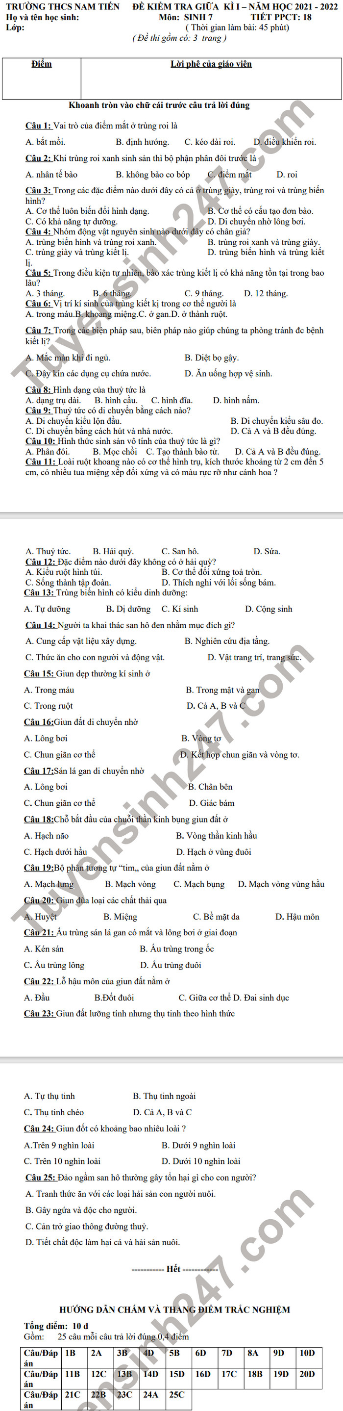 De thi giua ki 1 mon Sinh lop 7 - THCS Nam Tien 2021