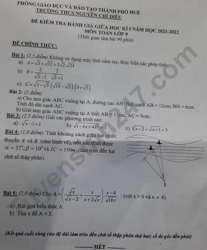 De thi giua ki 1 nam 2021 lop 9 mon Toan - THCS Nguyen Chi Dieu
