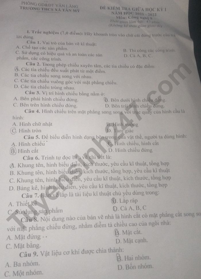 De thi giua ki 1 Cong nghe lop 8 - THCS Xa Tan My 2021