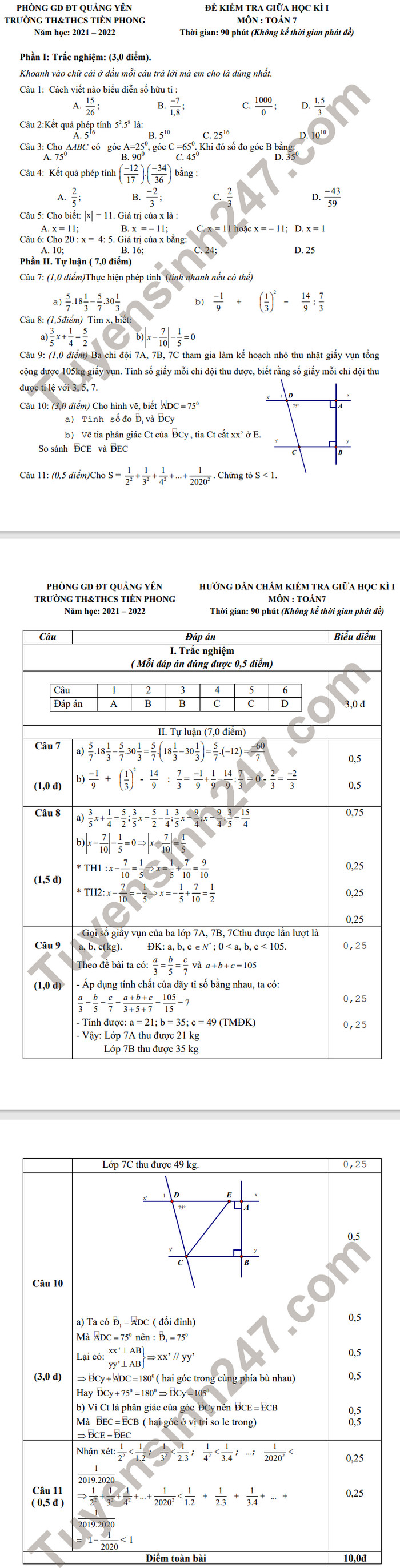 De thi mon Toan lop 7 giua hoc ki 1 nam 2021 - TH&THCS Tien Phong