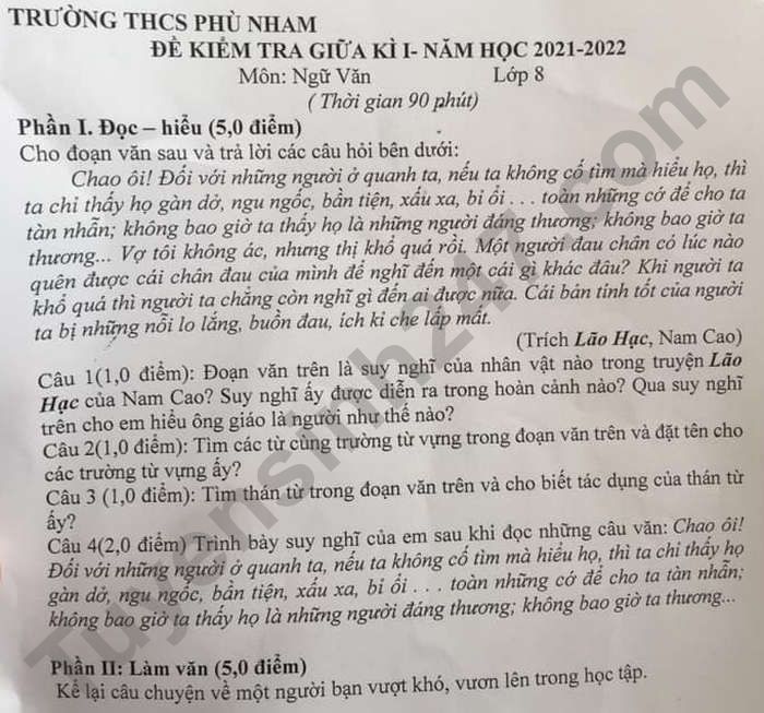 De kiem tra giua ki 1 mon Van lop 8 - THCS Phu Nham 2021